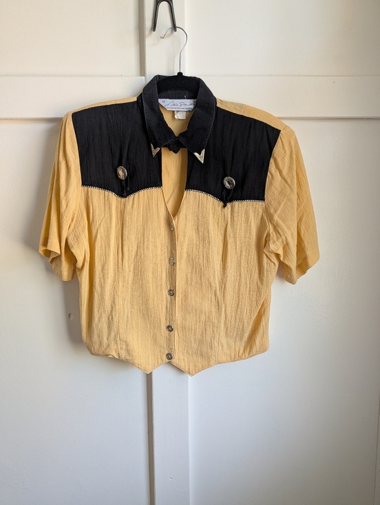 Tops - Vintage Western Blouse | Yellow & Black Colorblock Shirt w Concho Buttons